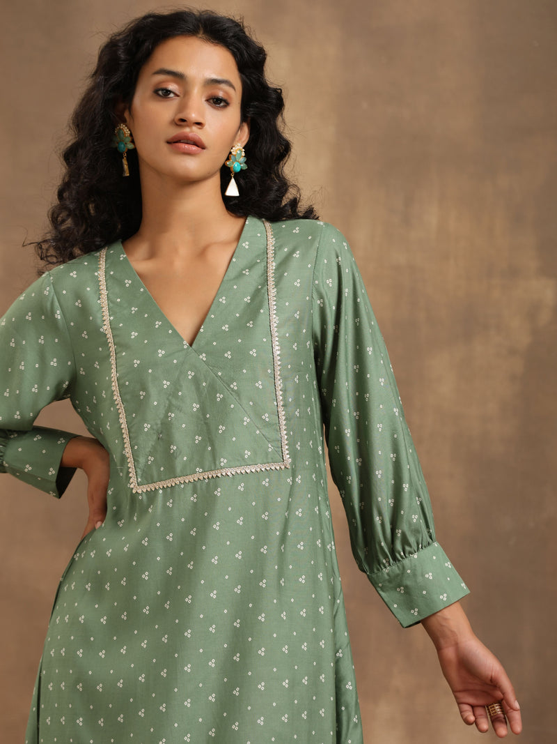 Light Green Bandhani Printed Silk Kurta Pant Set