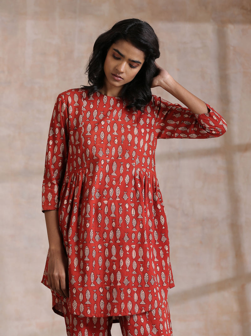 Rust Red Bagru Fish Print Cotton Gathers Co-Ord Set