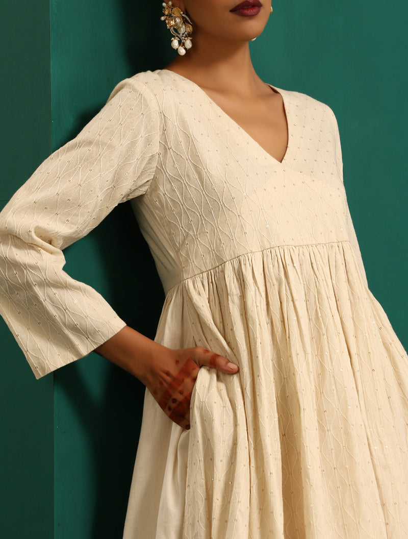 trueBrowns Ivory Tonal Cotton Anarkali Kurta Pant Set