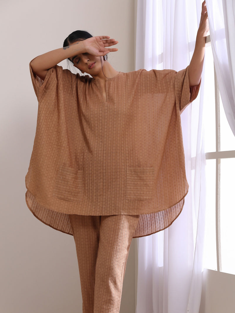 Beige Dobby Boxy Fit High-Low Co-Ord Set