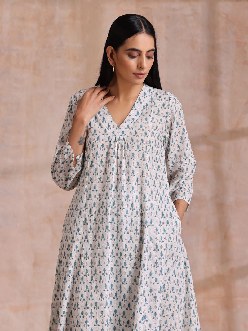 White With Teal Buta Block Print Cotton Front Neck Gathered Kurta Pant Set