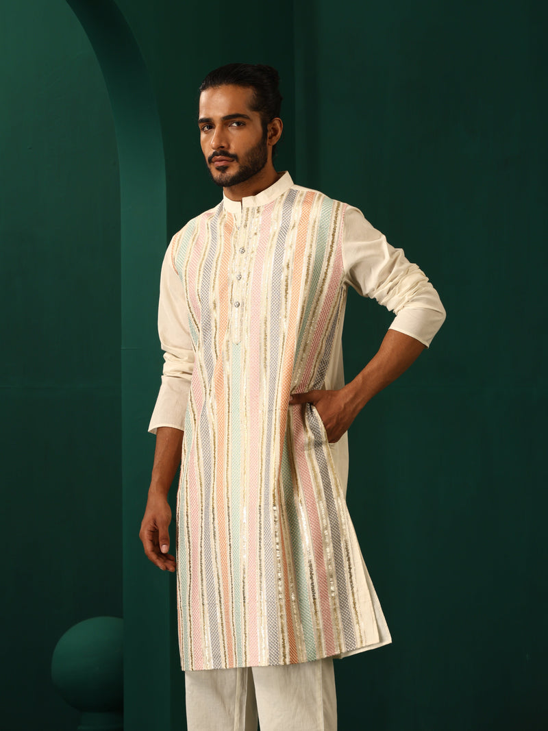 trueBrowns Men's Ivory Multi Colour Striped Cotton Kurta