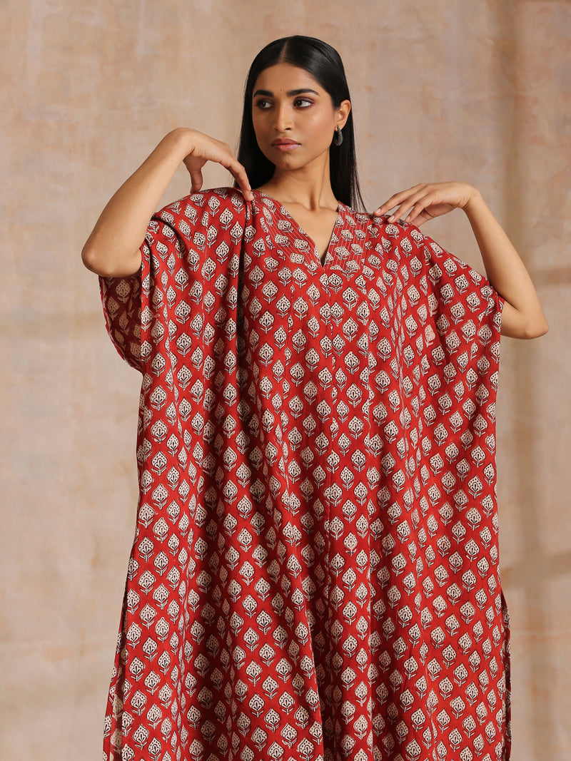 Rust Red Bagru Floral Print Cotton Panel Kaftan Kurta Pant Set