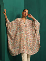 trueBrowns Off White Circle Floral Muslin Silk Printed Kaftan Pant Set