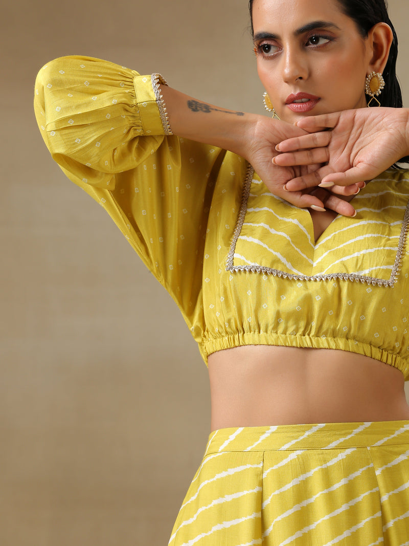 Lime Green Bandhani Printed Silk Top Skirt Set