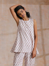 White With Grey Buta Block Print Cotton Sleeveless Co-Ord Set