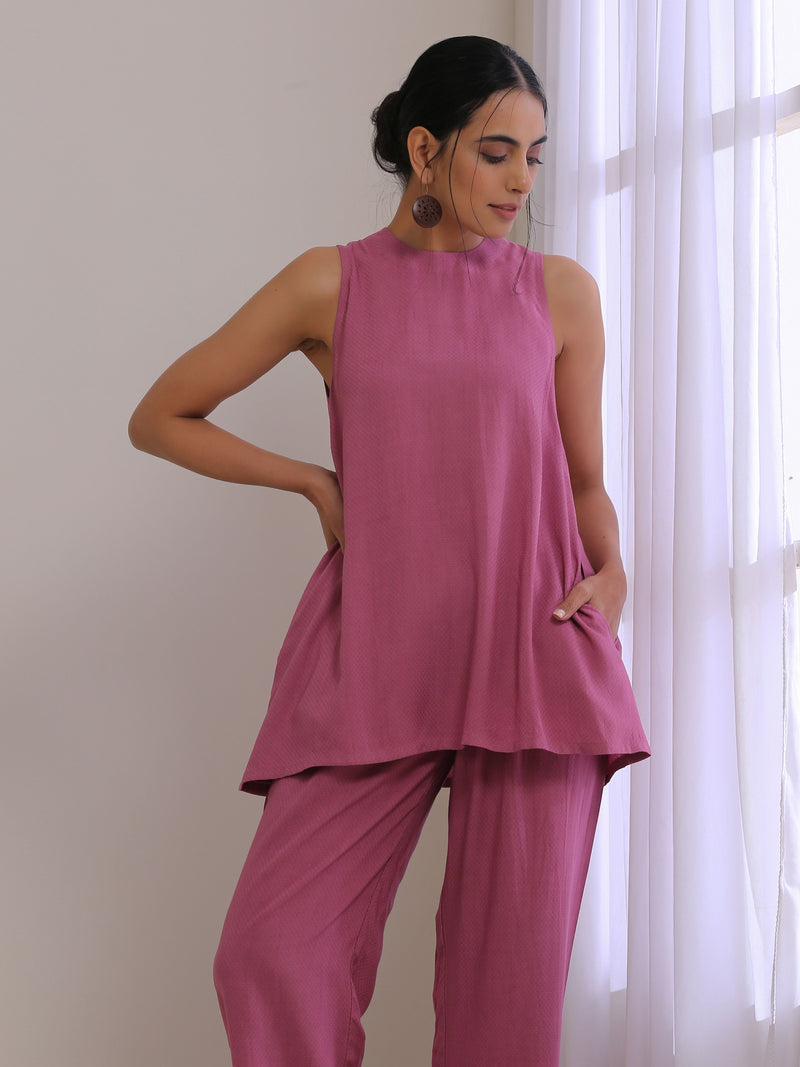 Onion Pink Dobby Sleeveless Short Co-Ord Set