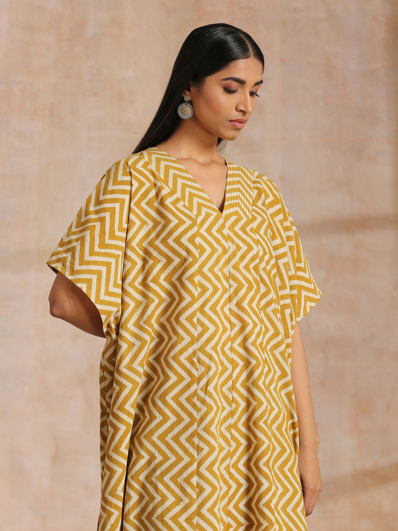 Mustard Dabu Zig-Zag Lines Print Cotton Panel Kaftan Kurta Pant Set