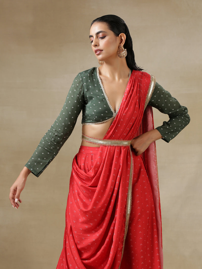 Red Bandhani Printed Silk Skirt Stitched Saree with Belt