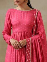 Pink Bandhani Printed Silk Anarkali Kurta Pant Dupatta Set