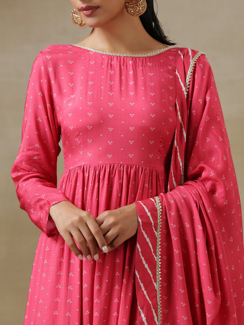 Pink Bandhani Printed Silk Anarkali Kurta Pant Dupatta Set