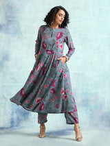 Grey Printed Velvet Anarkali Kurta