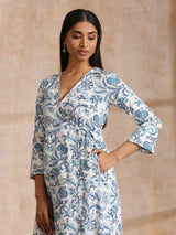 White With Overall Blue Print Cotton Angrakha Kurta Pant Set