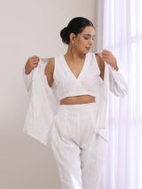 White Slub Texture Pant Suit Set