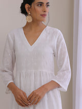 White Dobby High Slit Gathered Kurta Set