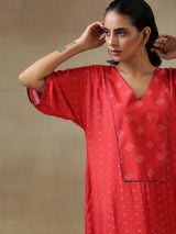 Red Bandhani Printed Silk Long Kurta Pant Set