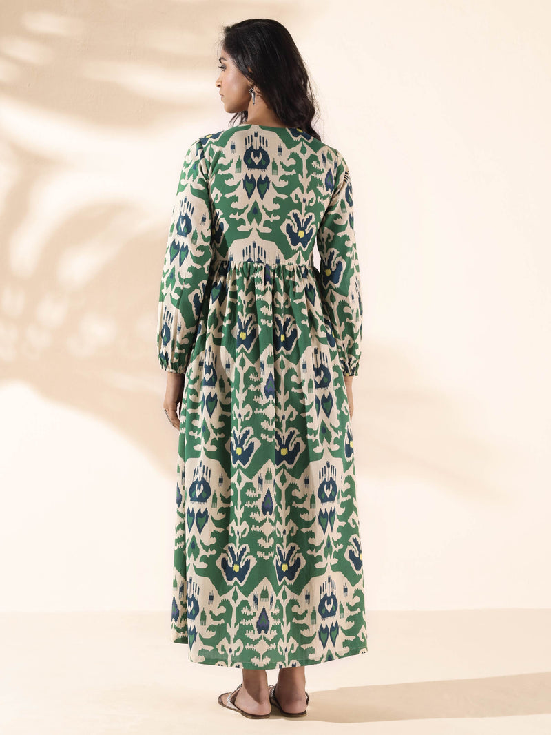 trueBrowns Green Cotton Ikat Flared Dress