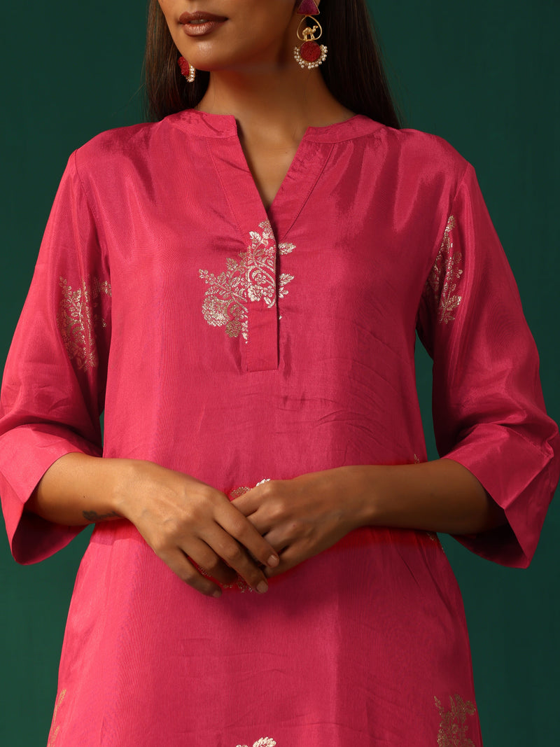 trueBrowns Pink Floral Viscose Silk Round Neck Co-ord  Set
