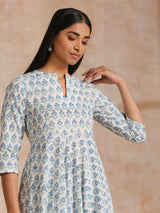 White With Blue Green Buta Print Cotton Flared Kurta Pant Set