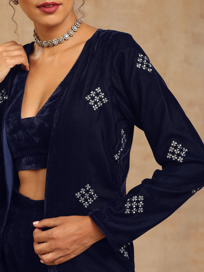 trueBrowns Midnight Blue Velvet Embroidered Jacket Set