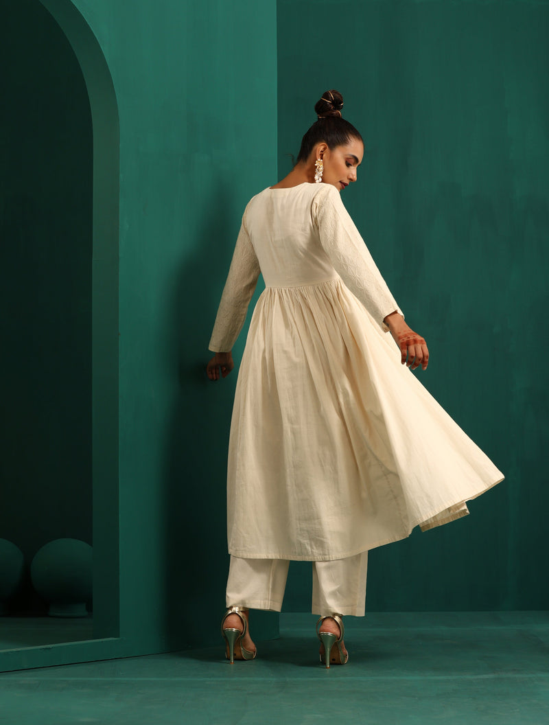 trueBrowns Ivory Tonal Cotton Anarkali Kurta Pant Set
