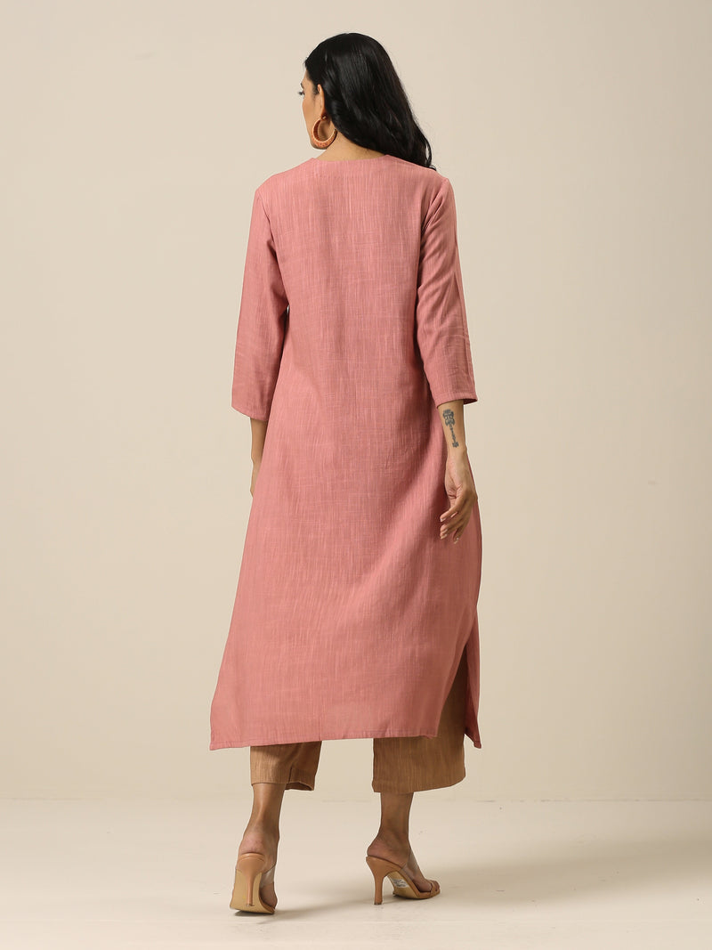 Light Mauve Slub Texture Neck Pleat Kurta Pant Set