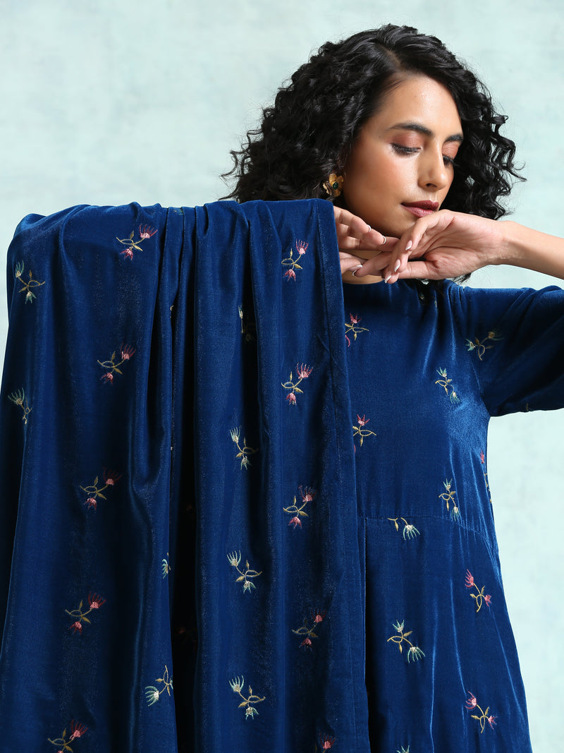 Blue Embroidered Velvet Shawl