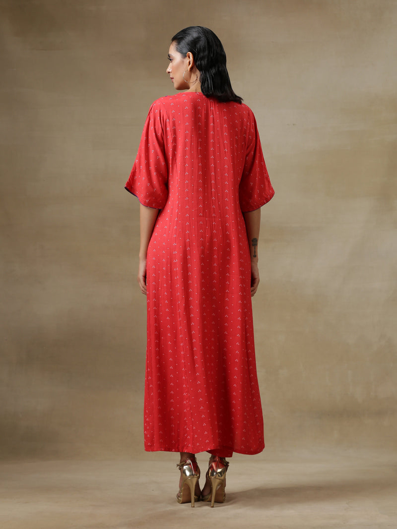Red Bandhani Printed Silk Long Kurta Pant Set