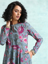 Grey Printed Velvet Anarkali Kurta