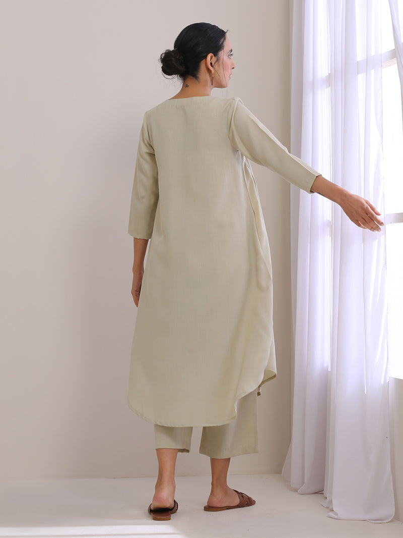 Light Grey Slub Gathered Kurta Pant Set