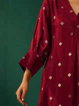 trueBrowns Maroon Diamond Viscose Silk Puff Sleeve Kurta Pant Set