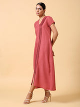 Cotton Linen Rust Red Pleated Dress - trueBrowns