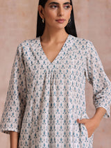 White With Teal Buta Block Print Cotton Front Neck Gathered Kurta Pant Set