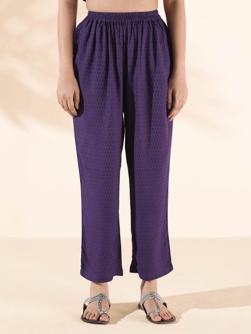 trueBrowns Purple Viscose Dobby Slit Kurta Pant Set