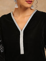 trueBrowns Black Velvet Sleeve Embroidered Kurta