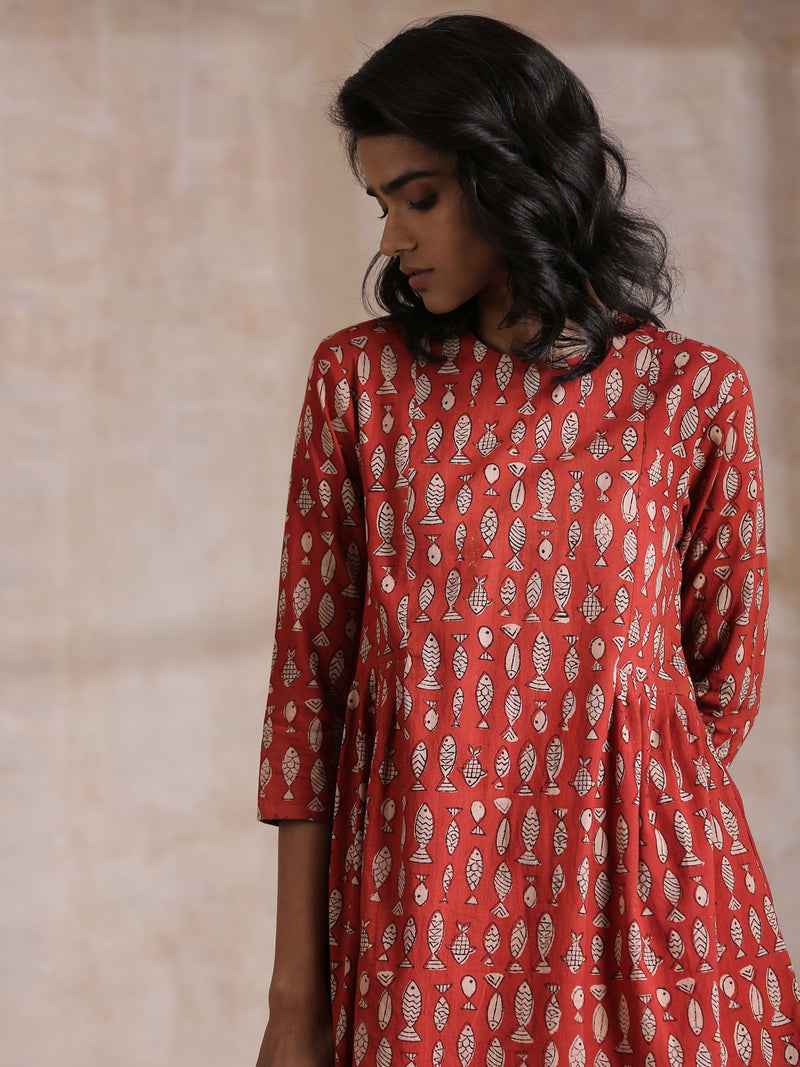Rust Red Bagru Fish Print Cotton Gathers Co-Ord Set