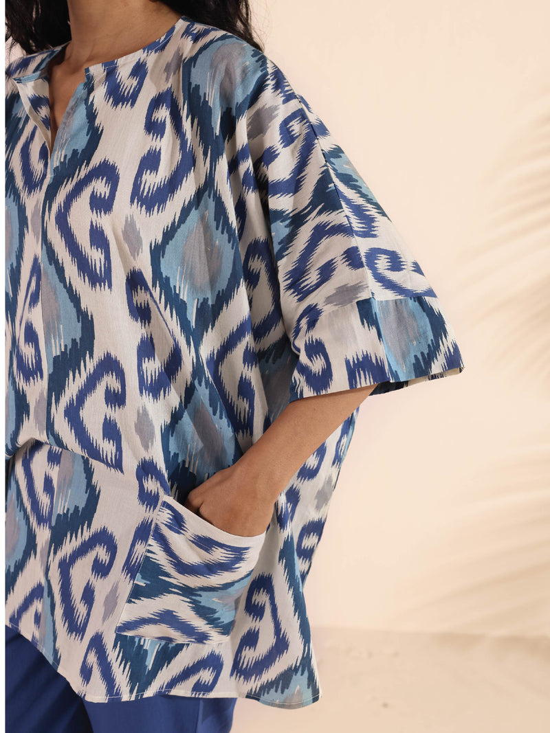 trueBrowns Blue Cotton Ikat Kaftan Co-ord Set