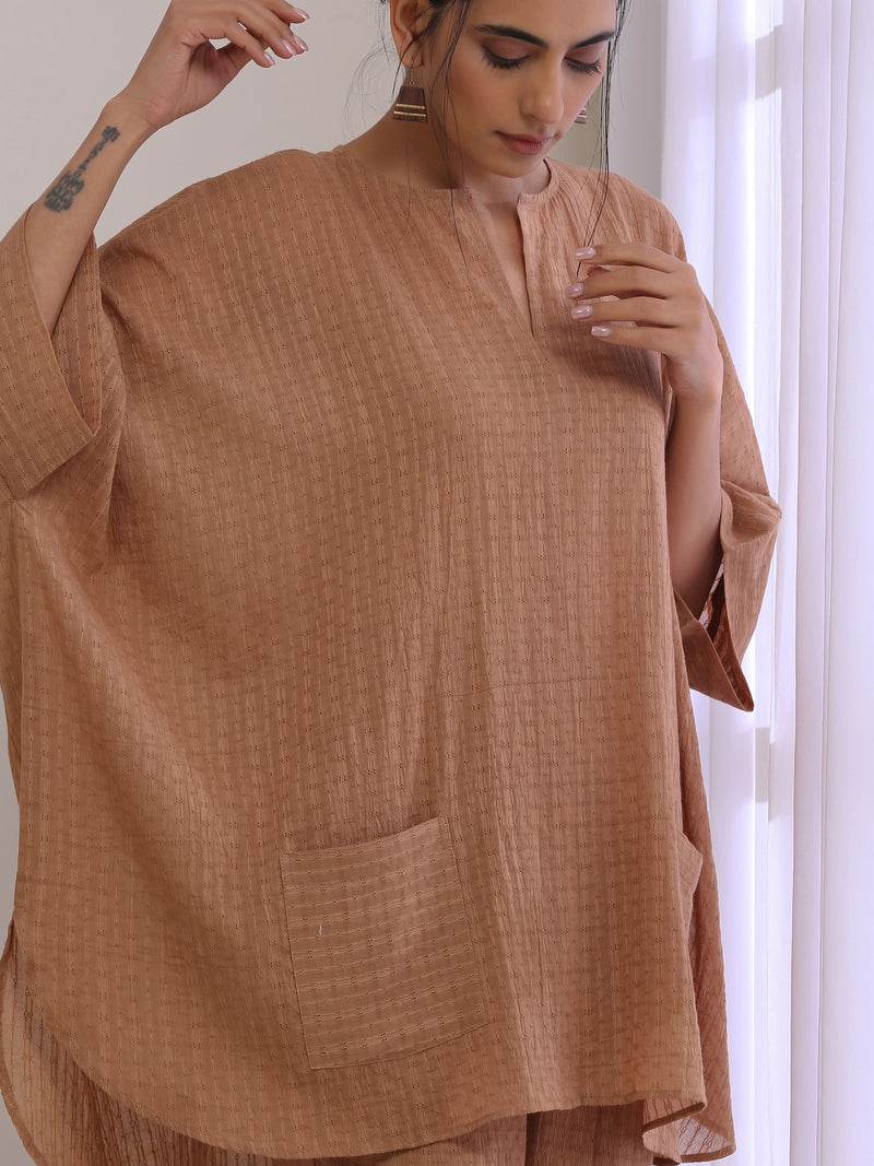 Beige Dobby Boxy Fit High-Low Co-Ord Set