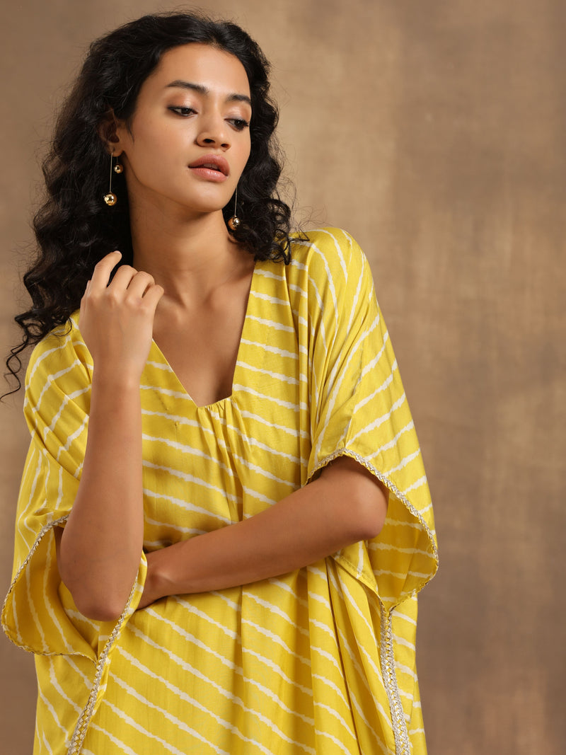 Lime Lehariya Printed Silk Kaftan Pant Set
