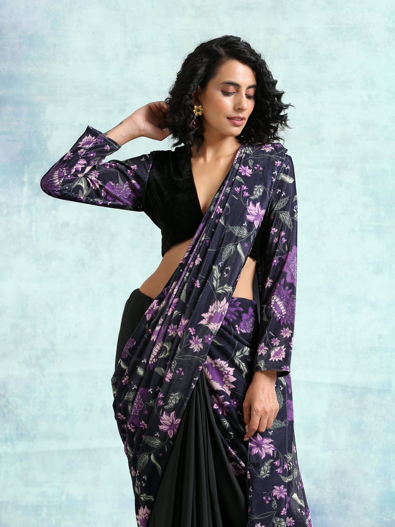 Black Printed Velvet Pre-Stitched Saree