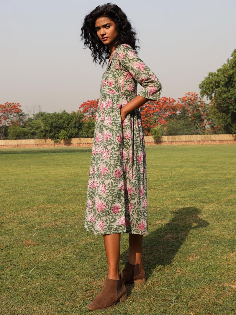 Sage Cotton Block Print Lapel Collared Dress - trueBrowns