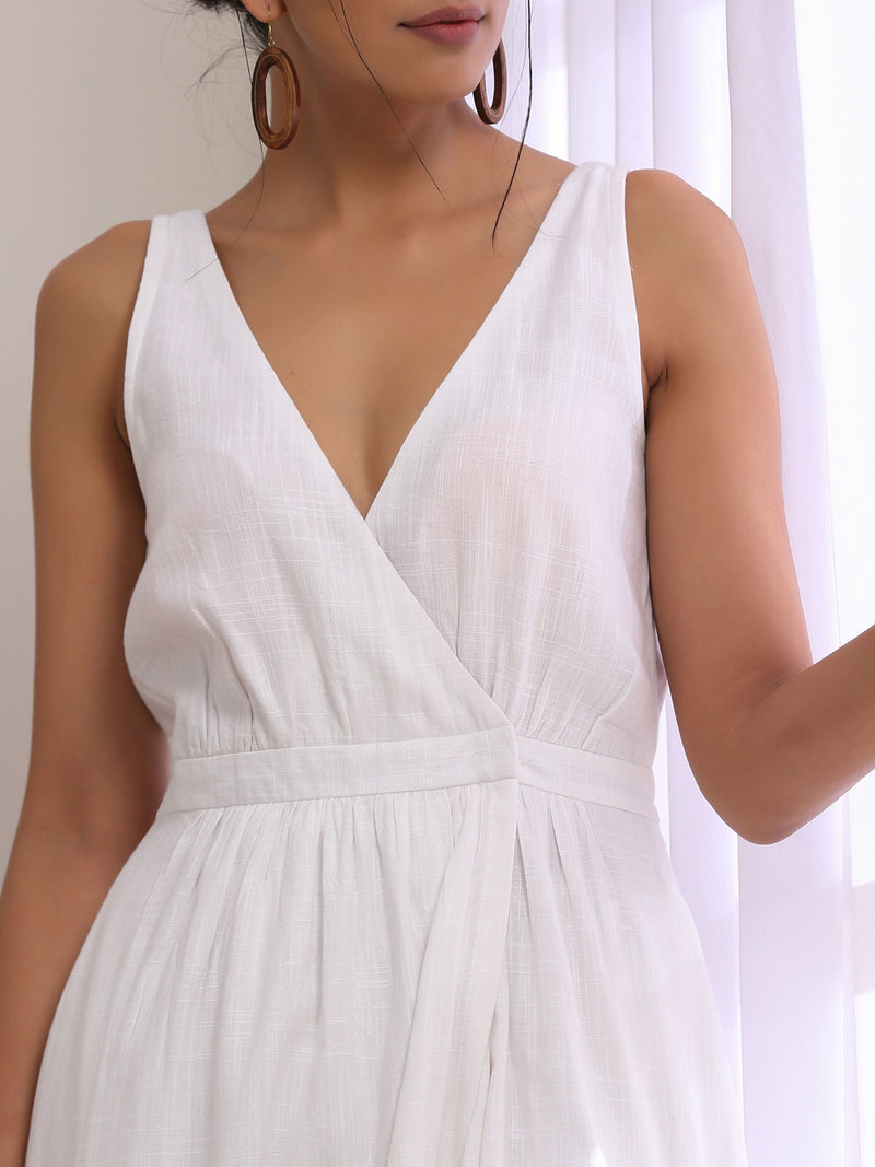 White Slub Texture Sleeveless Wrap Dress