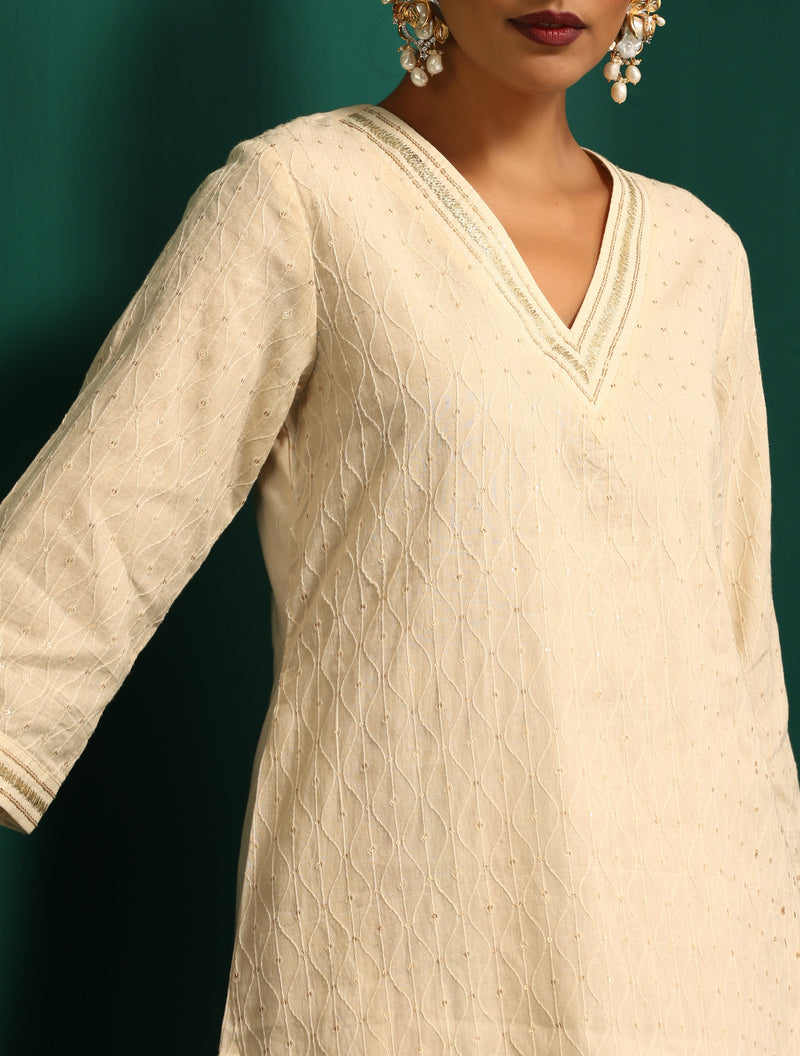 trueBrowns Ivory Tonal Cotton Kurta with Embroidered Pants