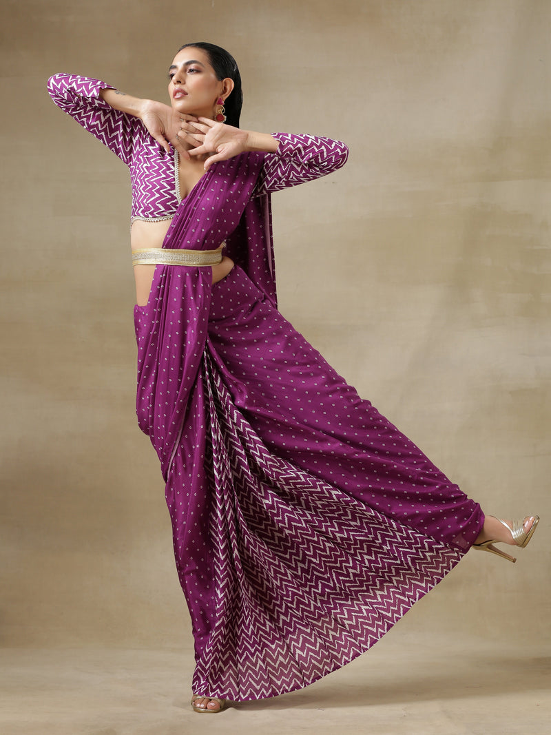 Purple Bandhani Printed Silk Pre-Pleat Stitched Saree with Belt