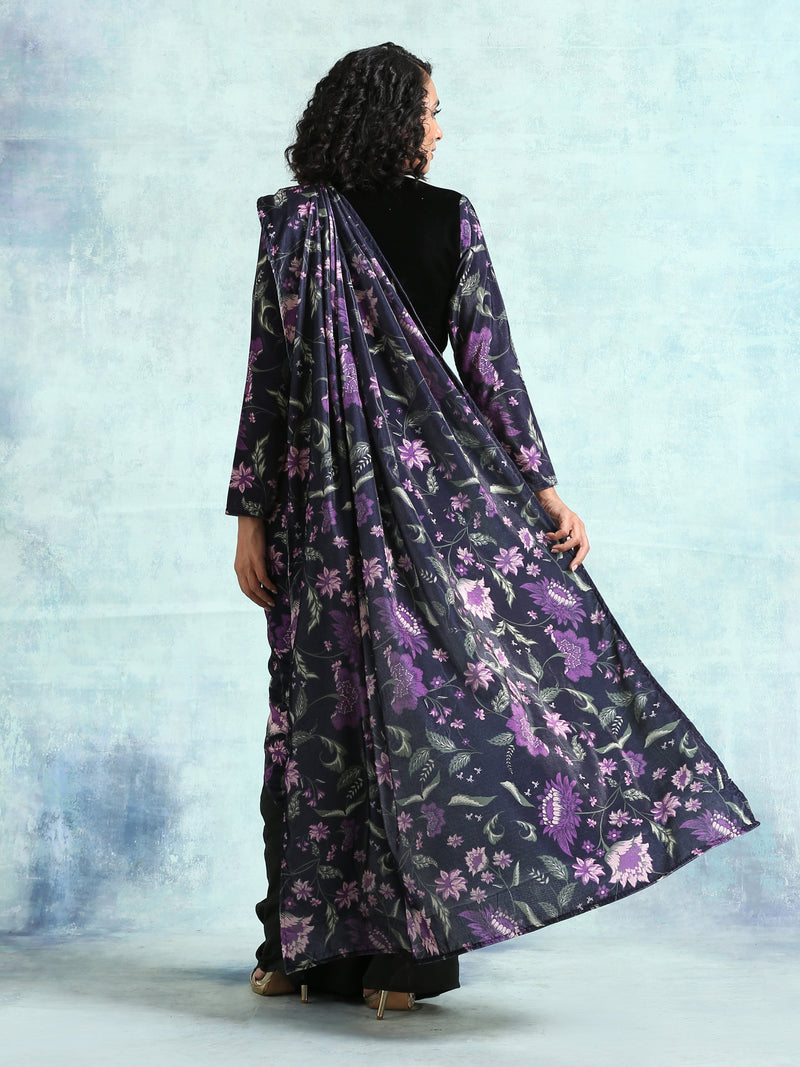Black Printed Velvet Pre-Stitched Saree