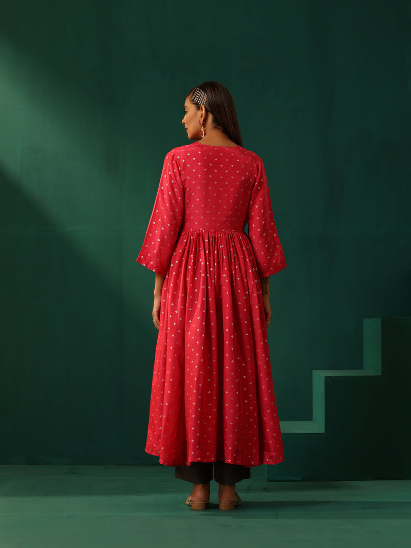 trueBrowns Pink Square Viscose Silk V-Neck Waist Gathered Kurta Pant Set