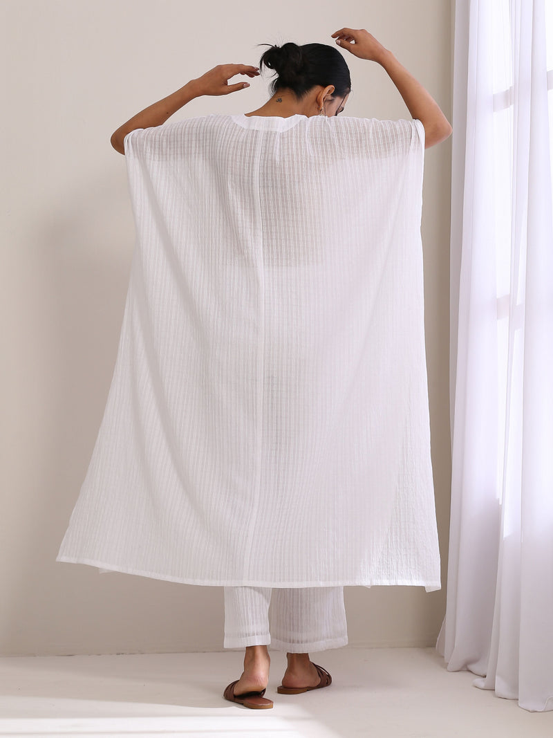 White Dobby Panel Kaftan Kurta Pant Set