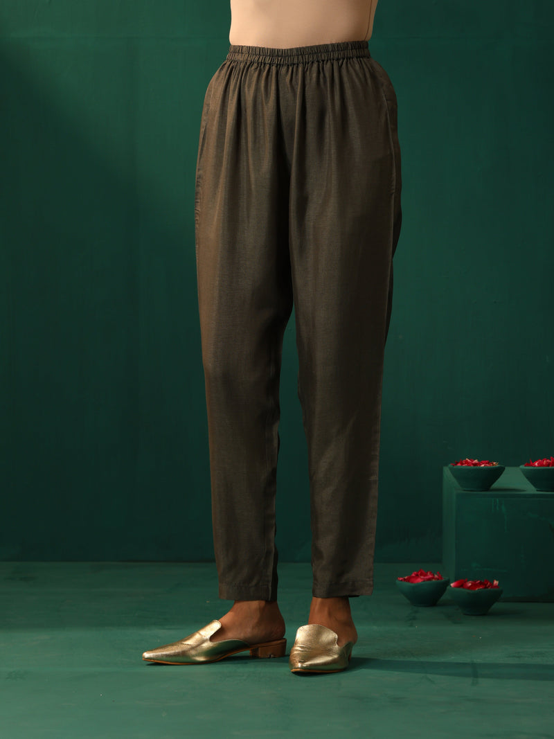 trueBrowns Mustard Geometric Floral Viscose Silk Front Gathered Kurta Pant Set