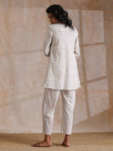 White With Small Floral Booti Print Cotton Pleated Co-Ord Set