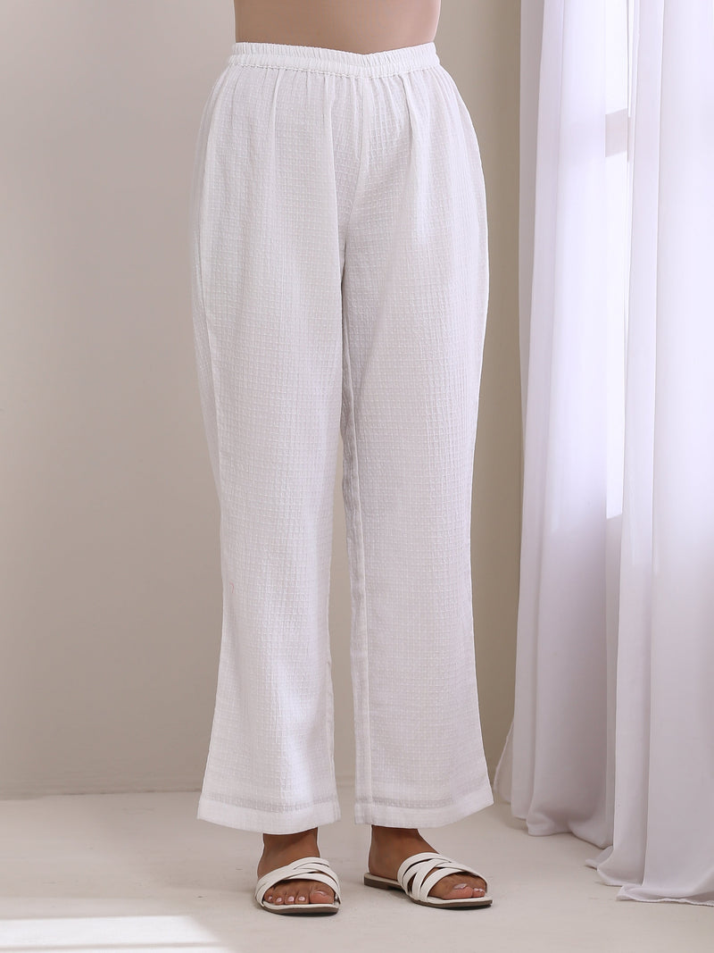 White Dobby Neck Pleat Kurta Pant Set